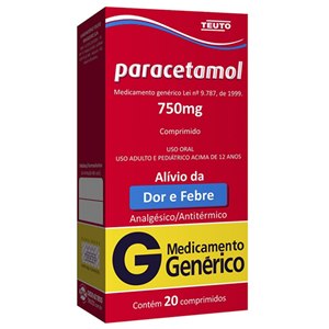 Paracetamol 750mg 20 Comprimidos - Teuto Genérico (Tylenol) - Validade Setembro/2026