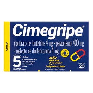 Cimegripe - Cloridrato Fenilefrina 4mg + Paracetamol 400mg + Maleato De Clorfeniramina 4mg 20 Cápsulas